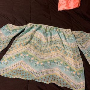 Turquoise Patterned off the shoulder blouse